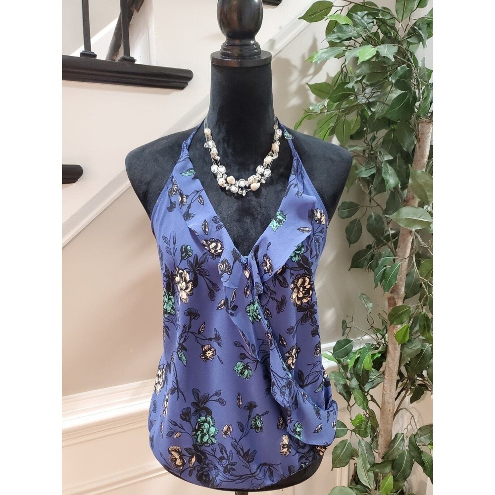 ASTR‎ Women's Blue Floral 100% Ruffle V-Neck Sleeveless Casual Top Blouse Medium